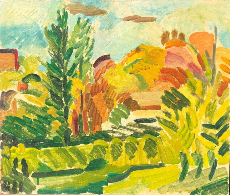 Landscape with Houses Impressionist Oil Painting-17″ x 20″-1980s-I.L. Winarsky