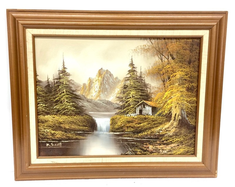 Vtg MCM 16×20″ Mountain Forest Lake Scene Framed Oil Painting – Signed K. Scott