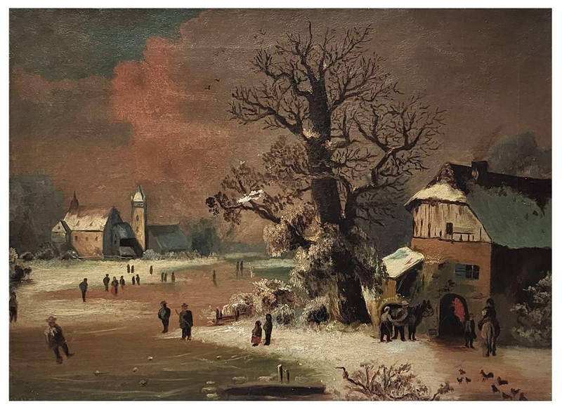Original Antique American School Dutch-Style Winter Landscape Painting on Canvas
