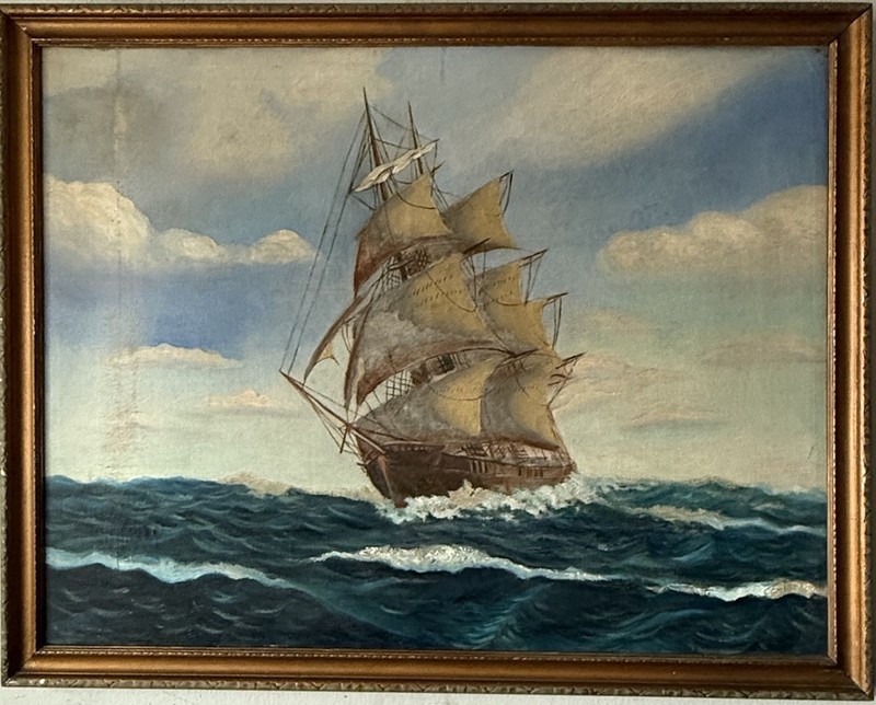 1920s ANTIQUE NAUTICAL SHIP SEASCAPE OCEAN OIL PAINTING OLD SAIL BOAT MARITIME