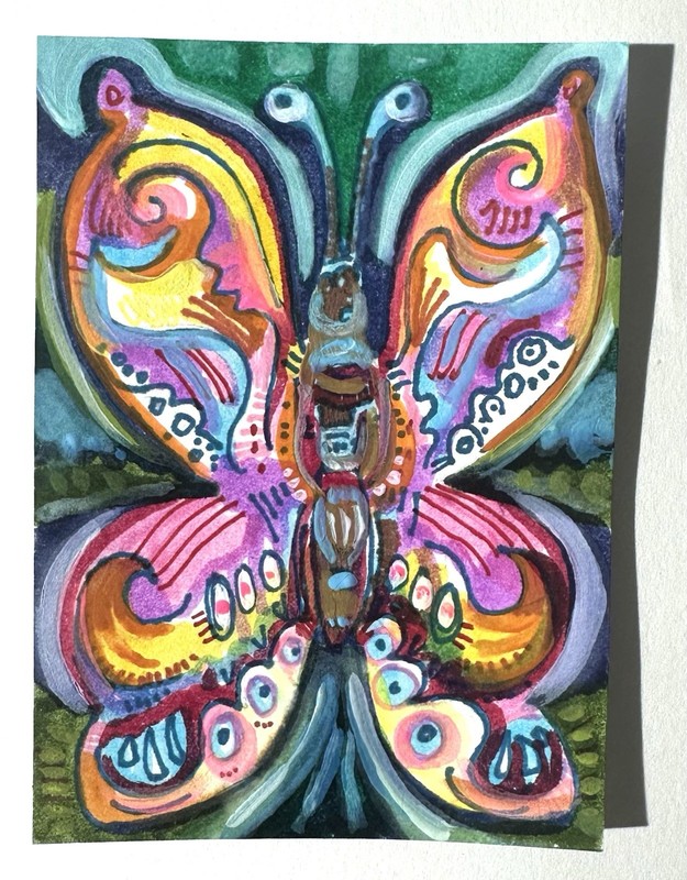 ACEO Original Painting Butterfly Colorful Fun Insect Miniature Art Card OOAK