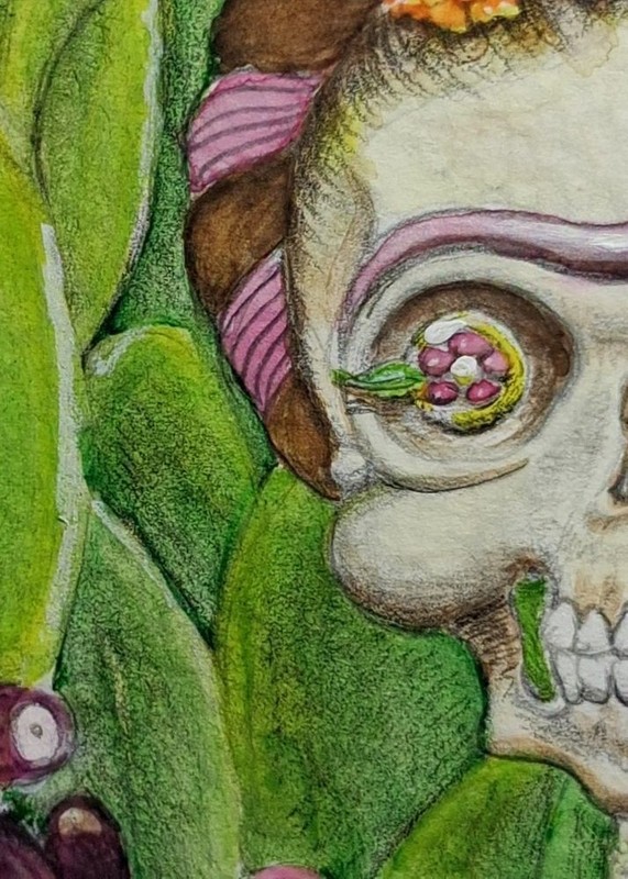 Original Watercolor Painting Skeleton Frida Kahlo 8 x 10 Cactus Butterflies Sky gallery