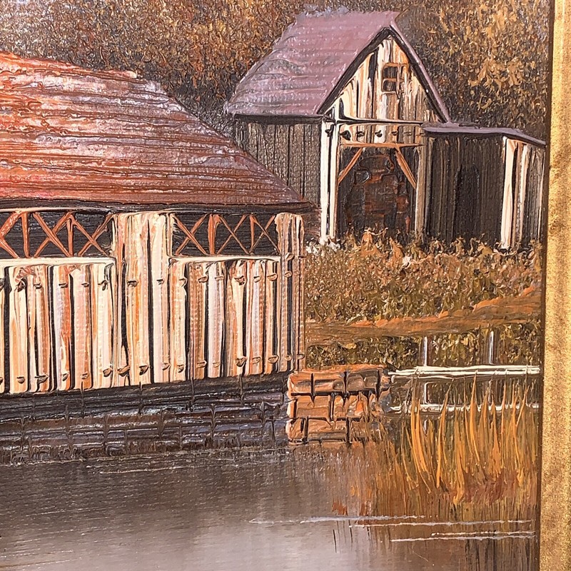 K Michaelson Grist Mill Covered Bridge Fall Oil Painting Signed Framed VTG 14X16 gallery