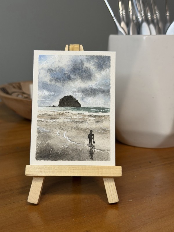 ACEO Original “Treasure Hunter” Beach Waves Cloud Watercolor Art JadePietrangelo gallery