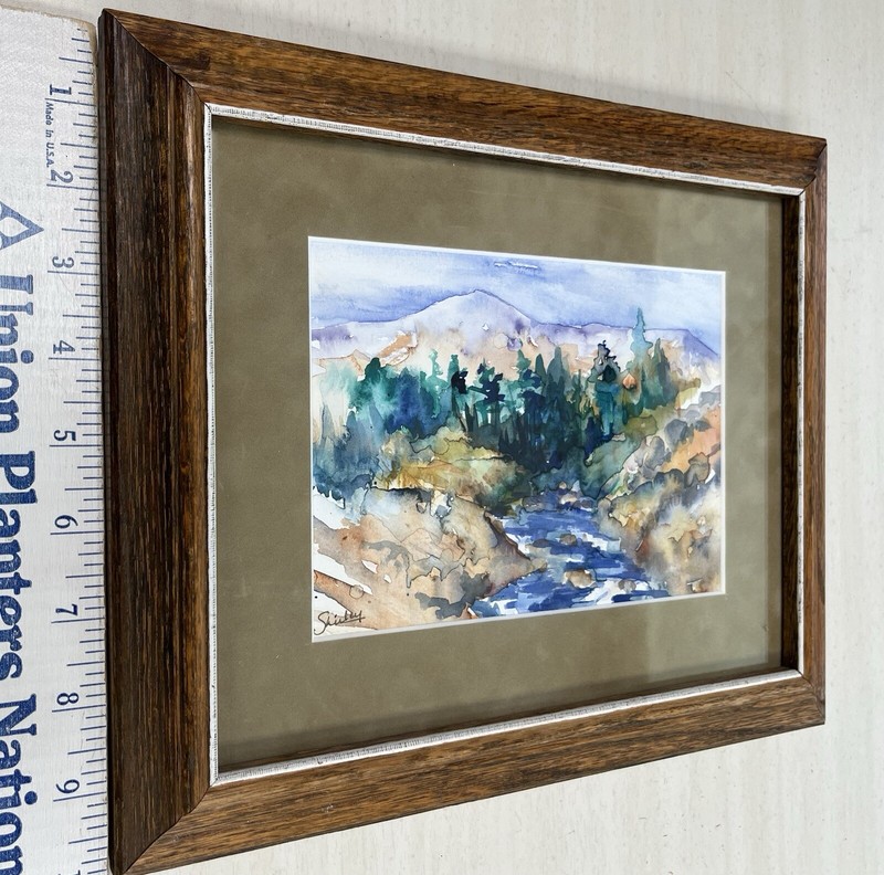 Gorgeous ORIGINAL Semi-Abstract Mountain Forest SIGNED Blue/Green/Taupe FRAMED gallery