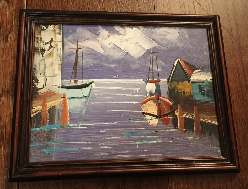 Small Original Vtg Oil Painting Nautical Boat Ship Port Framed Purple Blue White