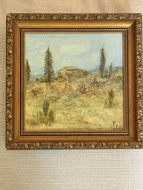 Vintage Impressionist Landscape Painting Monogrammed Framed Gold Miniature Art