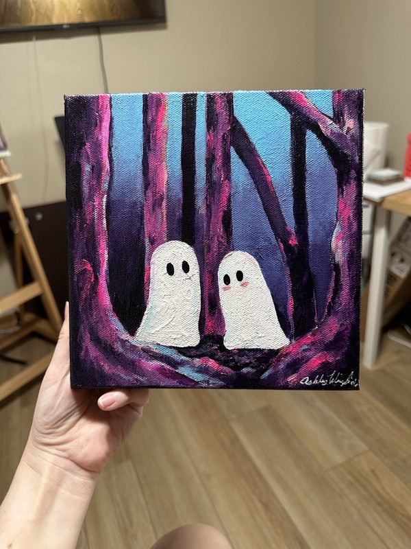 Original Cute Ghosts, Acrylic Painti, Forest, Whimsical – 8×8 Canvas Art