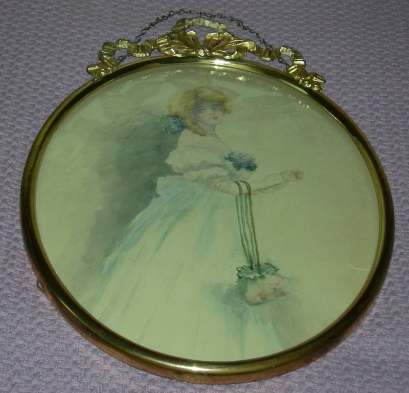 VICTORIAN LADY - WATERCOLOR - BRASS FRAME w/ CONVEX GLASS & CHAIN - 16" - LOVELY gallery