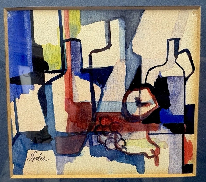 Contemporary Cubist Watercolor By Leder / ~9 X 10” / Matted & Framed gallery