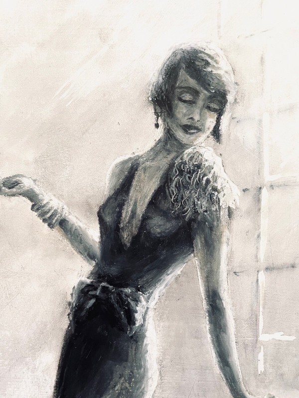 Femme Fatale Jazz Age Flapper & Victrola, Noir Mixed media on board, 14 x 18″