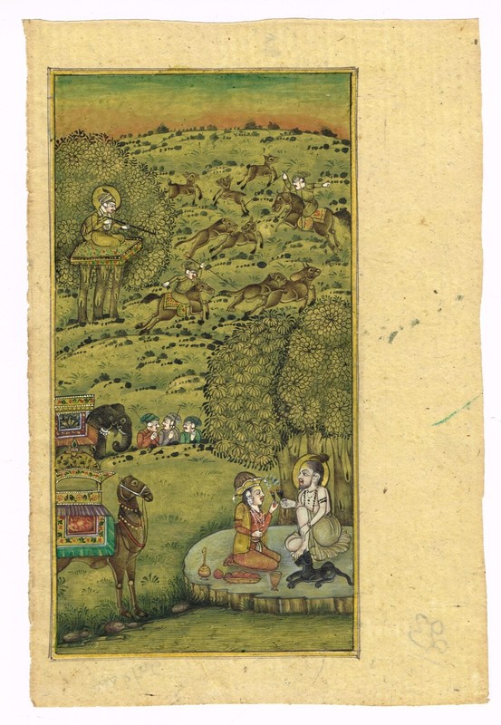 Mughal Painting Emperor Hunting The Animals & Empress Getting Blessing From Sage