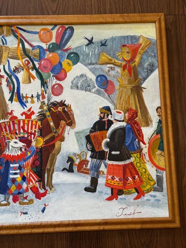 Vintage Slavic / Russian Folk Art Painting on Canvas Maslenista Celebration gallery