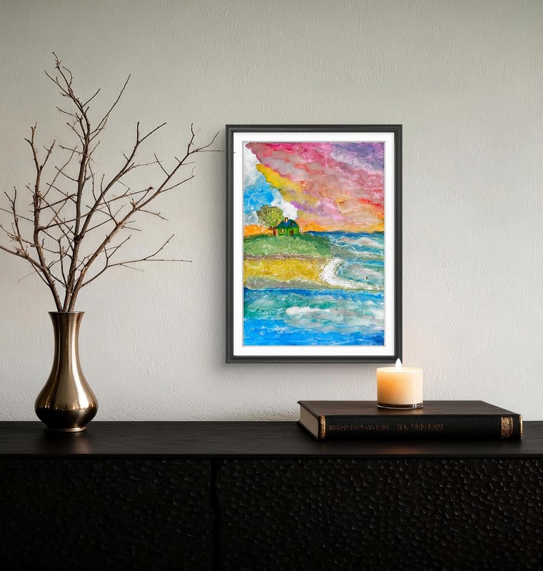 Sunset Seaside Cottage Contemporary Expressionist Original 9x12 Watercolor gallery