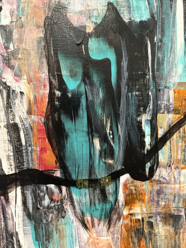 LH Original Abstract Owl in a tree - Acrylic Painting on Canvas Blind Artist gallery
