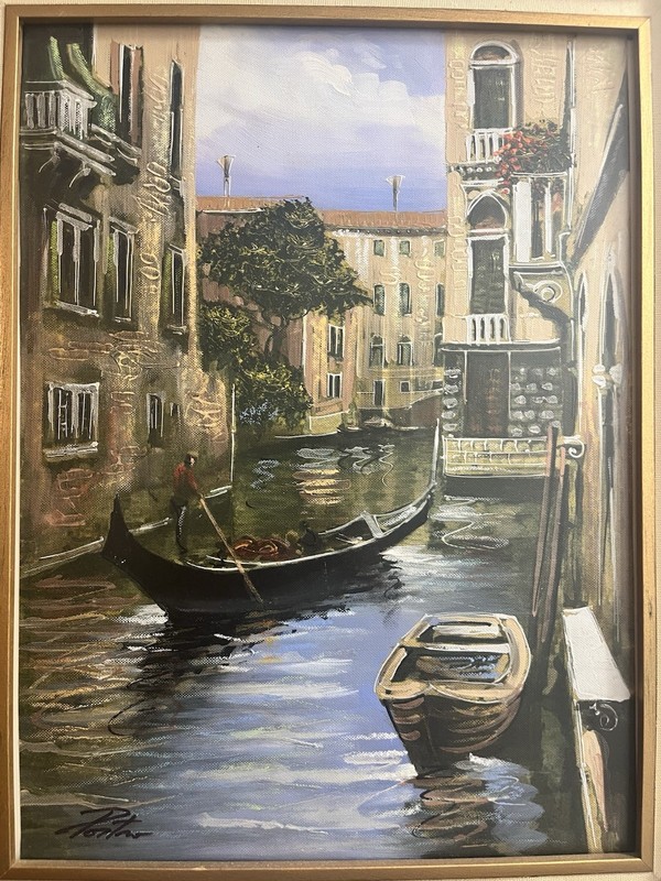Oil Painting Canal Scene Boat Frame By Signed Artist In Italy. 18x21 gallery