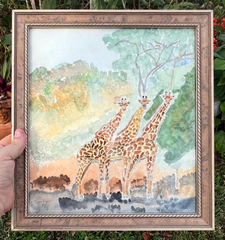 Vintage Landscape Art Watercolor Painting Giraffes Trees Rosalie Kelley Artist
