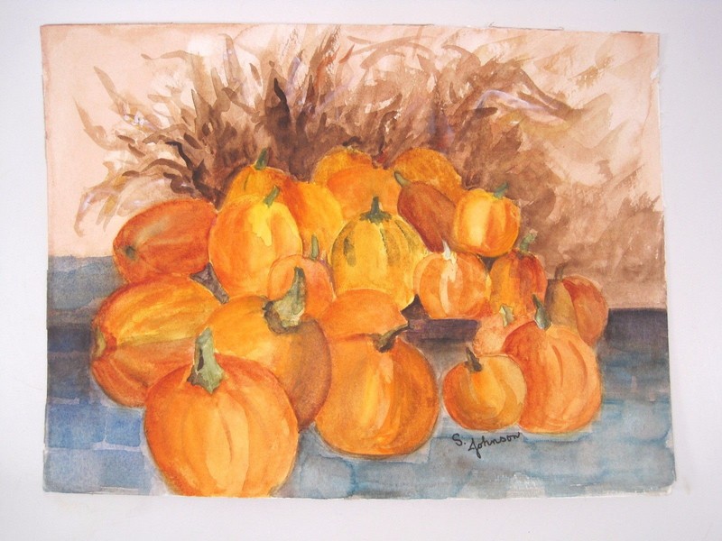 Pair 2 Original S. Johnson Pumpkins Autumn Fall Watercolor Painting Signed Art gallery