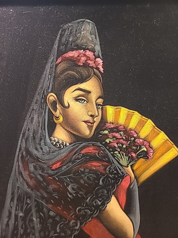 Vintage Black Velvet Flamenco Spanish Dancer Paintings Mid Century Modern Framed