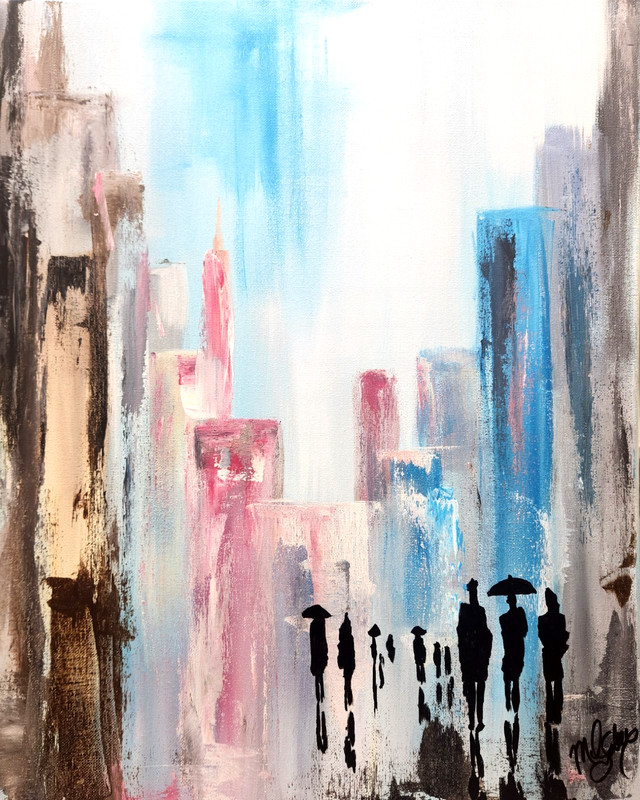 Abstract City Rain Painting 16×20 Original Modern Urban Wall Art Umbrella