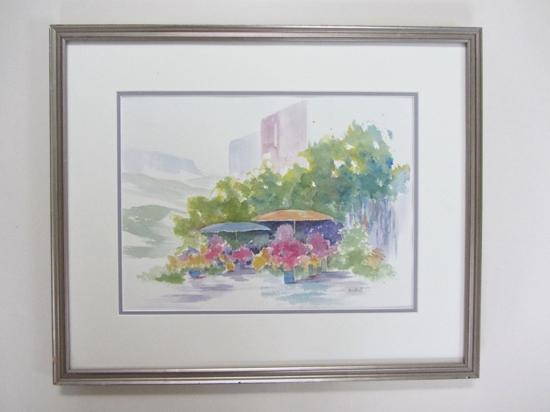 Impressionist Watercolor Painting Signed Dufeal, Flowers Umbrellas Landscape