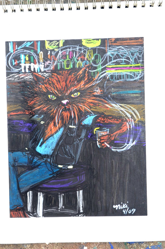 Mixed Media Bar Cat Drawing Original Art Signed 8.5 x 11