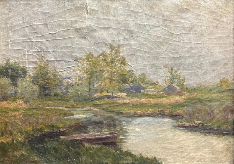 1923 Burlingame Original Oil Painting River Landscape Boat Signed 16×21.5
