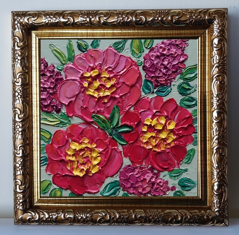 Framed Peonies and Lilacs Bouquet Flowers Art 4×4” Impasto Oil Painting Original