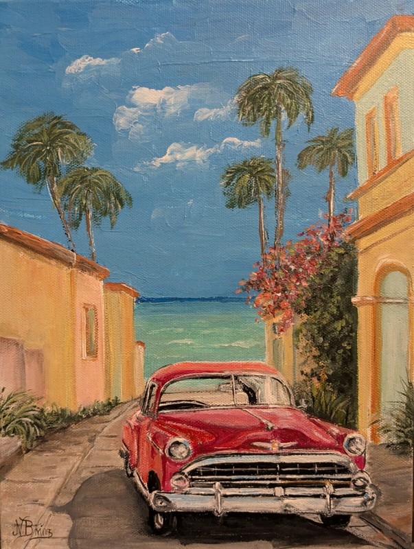 Vintage car Old Havannah Cuba acrylic painting 9 x 12 original ocean beach, car