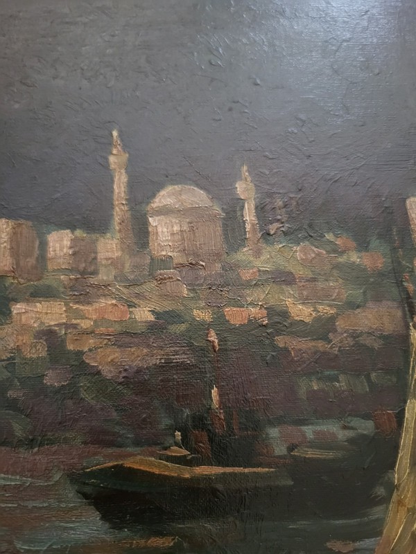 Oil Painting 1930 Mystery Signed Nautical Marina Boats Coastal Dark READ gallery