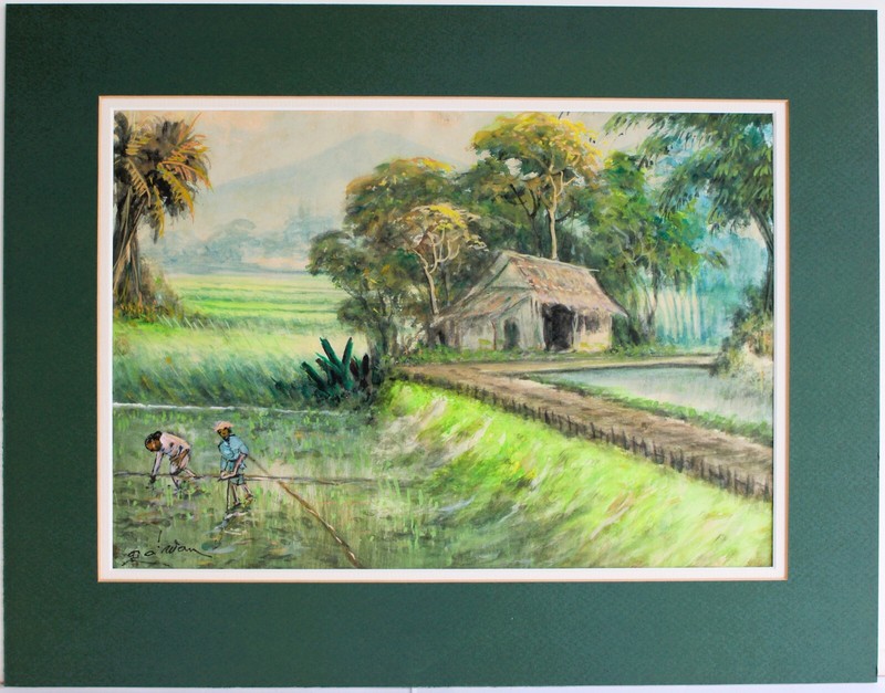 VINTAGE MIXED MEDIA WATERCOLOR PAPER SIGNED ASIAN RURAL VILLAGE SCENE RICE FIELD