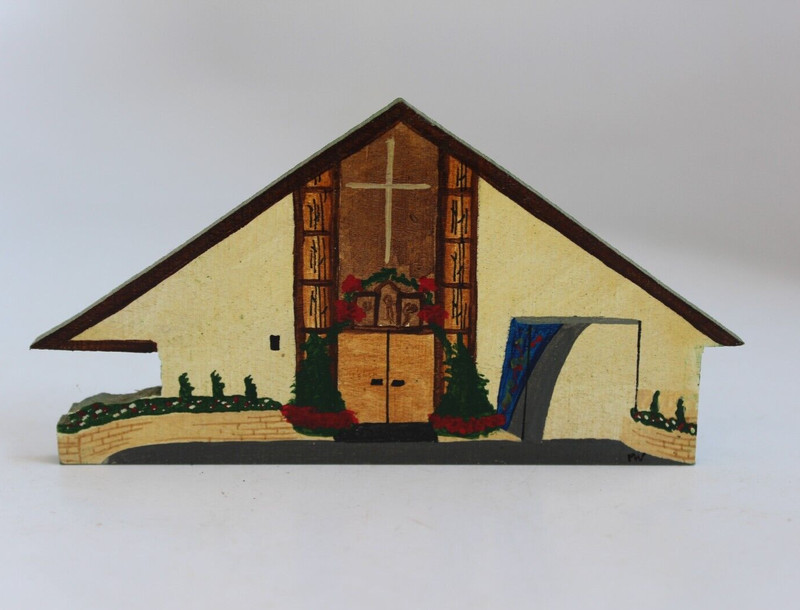 P Waud All Saints Church Carmel CA Hand Painted Wood Miniature Building Folk Art