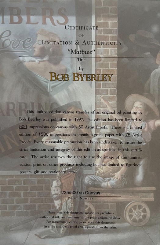 BOB BYERLEY - MATINEE - S/N 33" x 24" CANVAS w/COA gallery