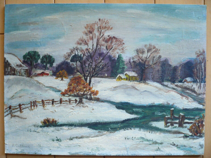 F. COLLINS, SIGNED WINTER SNOWY LANDSCAPE IMPRESSIONISM OLD VINTAGE & LISTED ART