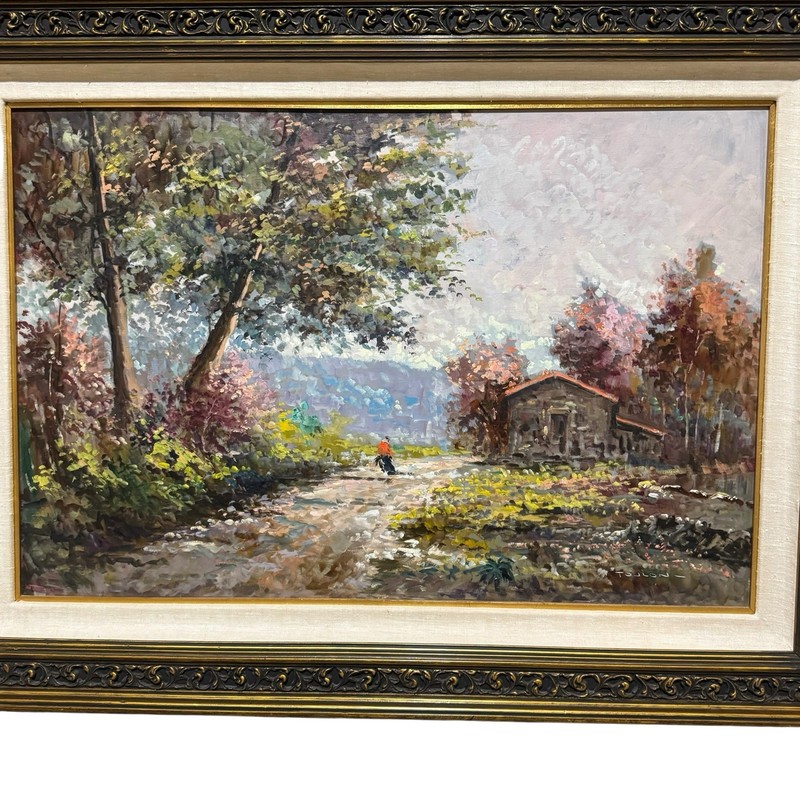 Jean Toulon Oil Painting Landscape Cottage Trees Framed 46x34” Signed Large gallery