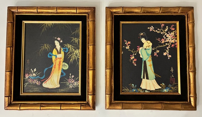 Lot of 2 – Vintage Original Framed Japanese Oil Paintings – Geisha Woman/Garden