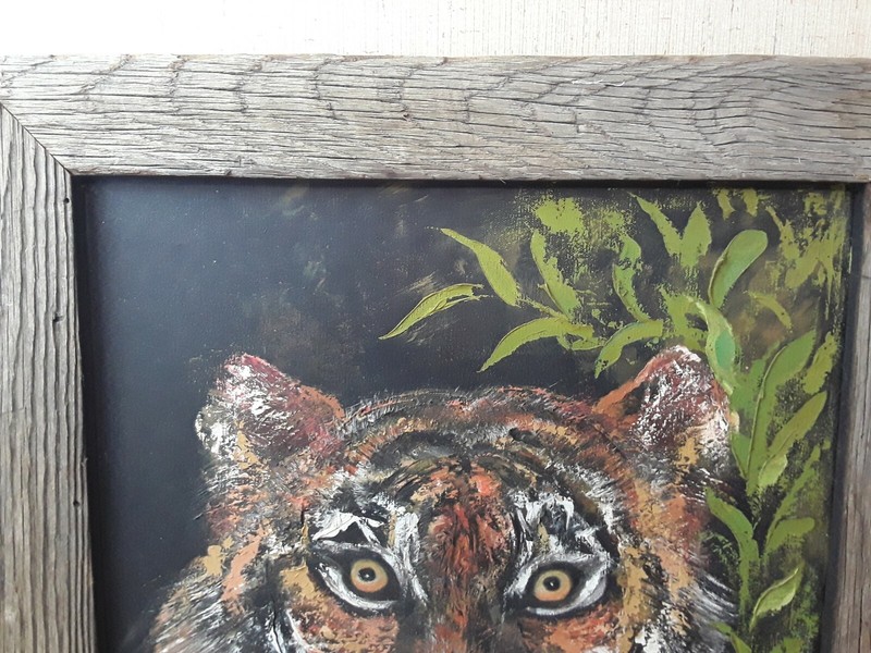Vintage Hand Painted Tiger On Canvas In Rustic Frame 23x29 gallery