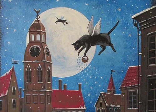 ACEO PRINT OF PAINTING RIGA RYTA XMAS BLACK CAT ANGEL VINTAGE STYLE FOLK ART