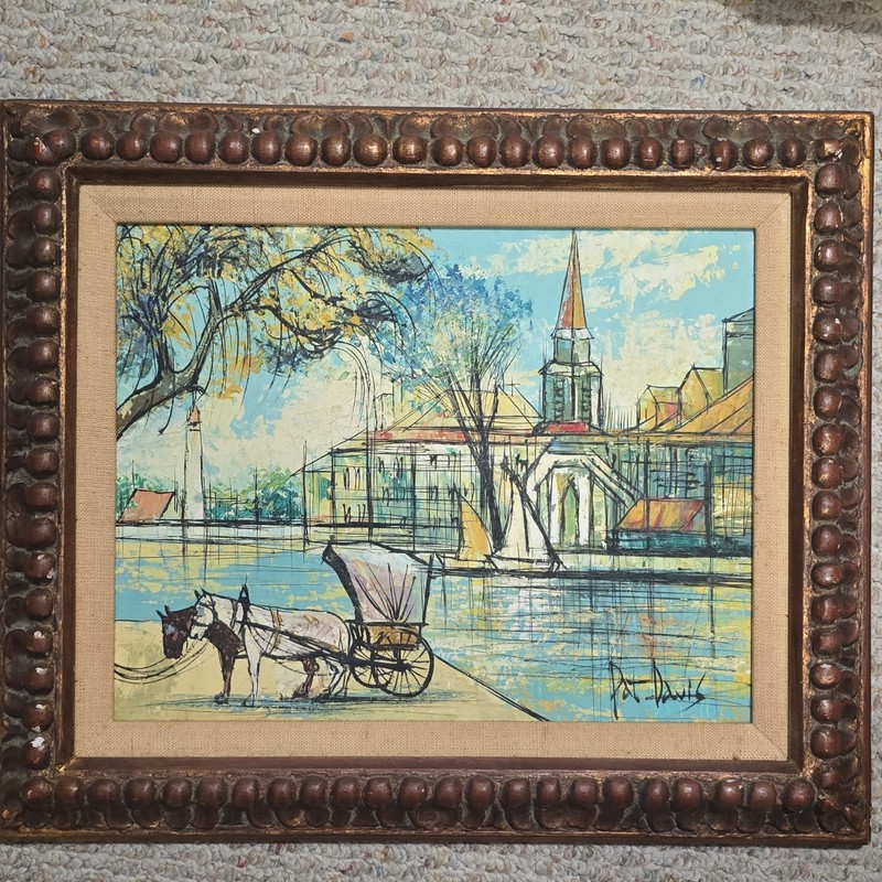 Pat Davis Signed Framed Original Oil Painting Horse And Carriage