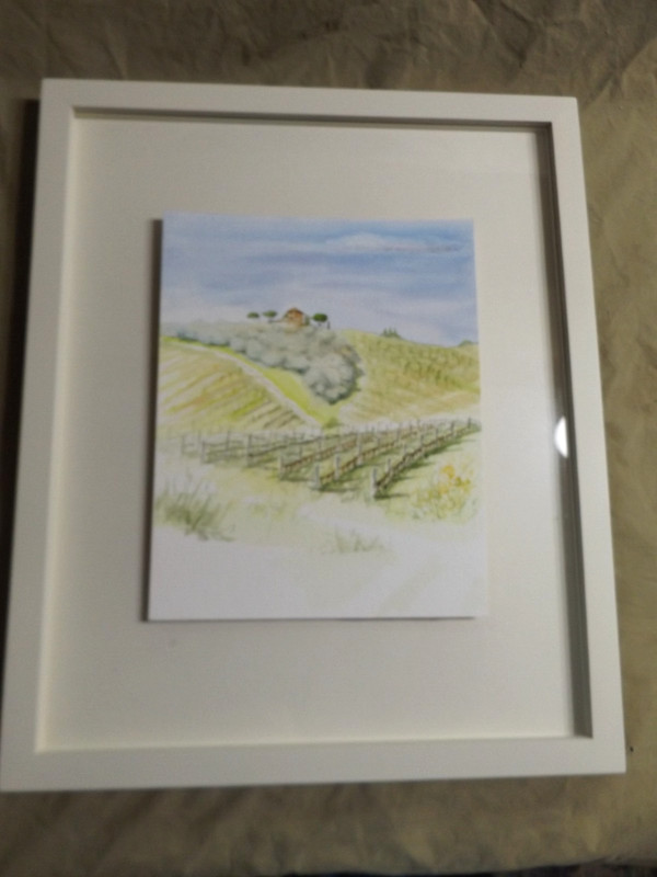 Original En Plein Air Vignette Watercolor Tuscany Vineyard Olive Trees PJ Teller