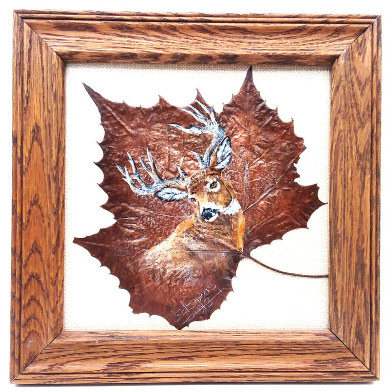 VTG Hand Painted Buck Deer Real Leaf Wood Frame Hunt Cabin Lodge Sign Ed Spears