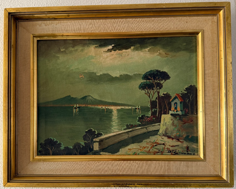 Antique Italian Oil Painting Bay of Naples Vesuvius Signed Gianni School Framed
