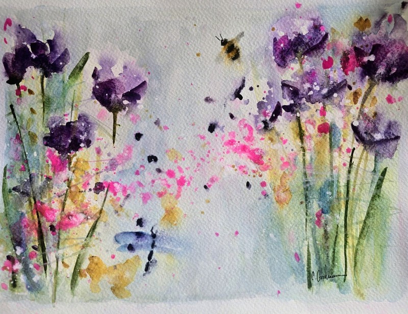Original Signed Watercolor. Wall art. 12 x 9" . Floral. Abstract. Dragonfly. Bee gallery