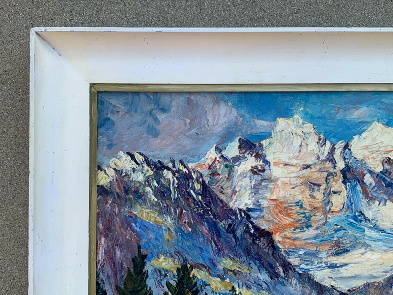 VINTAGE EUROPEAN IMPRESSIONIST "SWISS ALPS" LANDSCAPE OIL / CANVAS. SIGNED. 1954 gallery