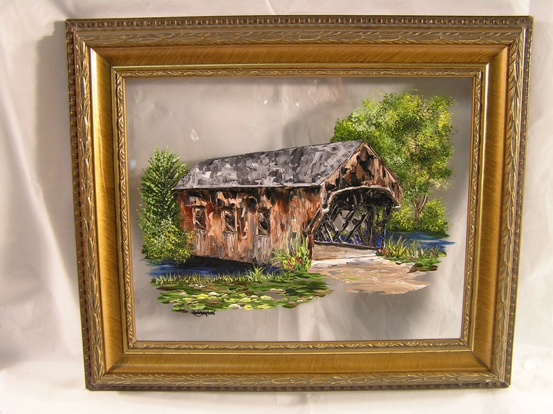 “Cover Bridge Over Water” GR Fine Art Orig. Painting on Glass