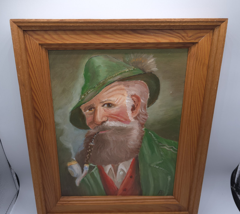 Vintage '92 Original Acrylic Painting of Old Man Smoking a Pipe Signed & Framed gallery