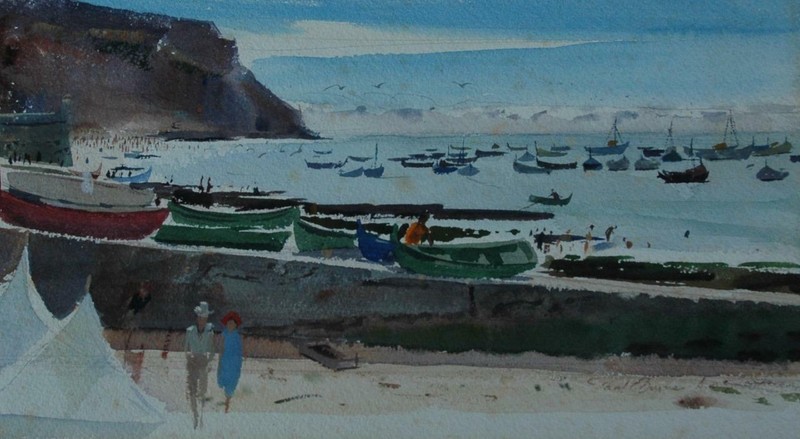 Mid Century Watercolor of Sesimbre Portugal Beach Scene by NJ Artist Paul Burns