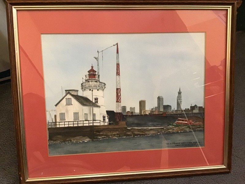 Rare OOAK Original Art Watercolor «CLEVELAND WEST PIER HARBOR LIGHTHOUSE» Framed