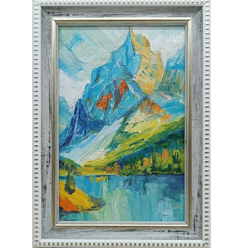 Original Oil Painting Forest Landscape with River 6×4 in Signed Framed Mountains