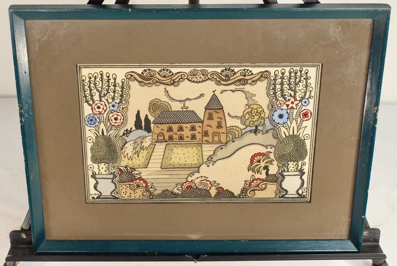 Vintage Woodblock Print Art Signed MILBER Folk Art #1 House Flowers Framed